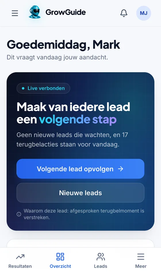 De GrowGuide-app met nieuwe leads om op te volgen